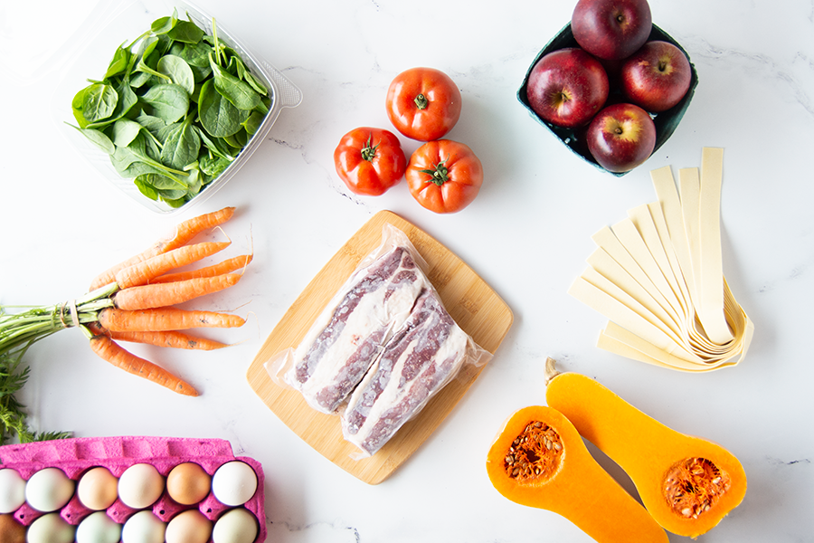 The Chef's Box comes with 2 meats, 1 pasta or grains, 1 dairy item, and 4-6 local, seasonal produce items sourced from small family farms. Selection changes based on season and trends. Once you add the bundle to your cart, you can remove any item(s) you don’t want!